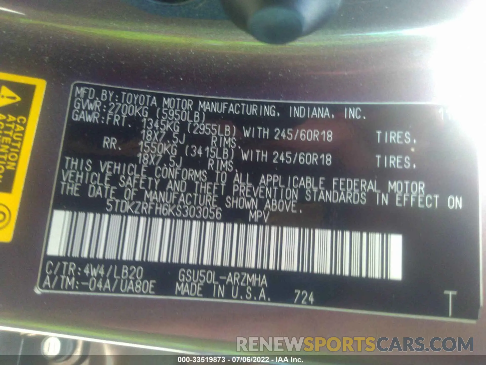 9 Фотография поврежденного автомобиля 5TDKZRFH6KS303056 TOYOTA HIGHLANDER 2019