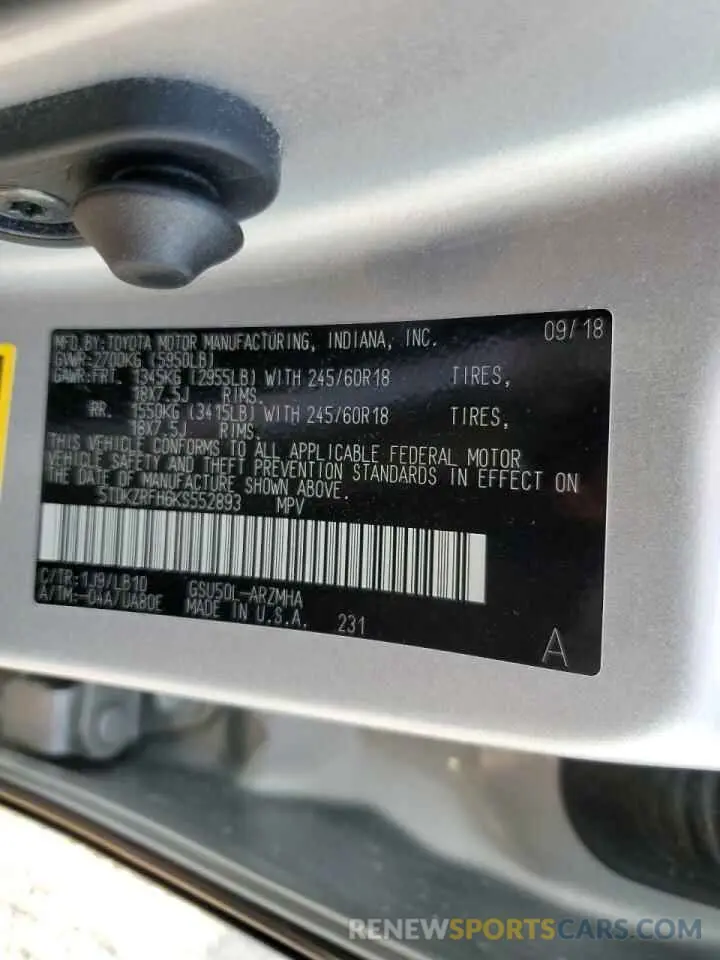 10 Фотография поврежденного автомобиля 5TDKZRFH6KS552893 TOYOTA HIGHLANDER 2019