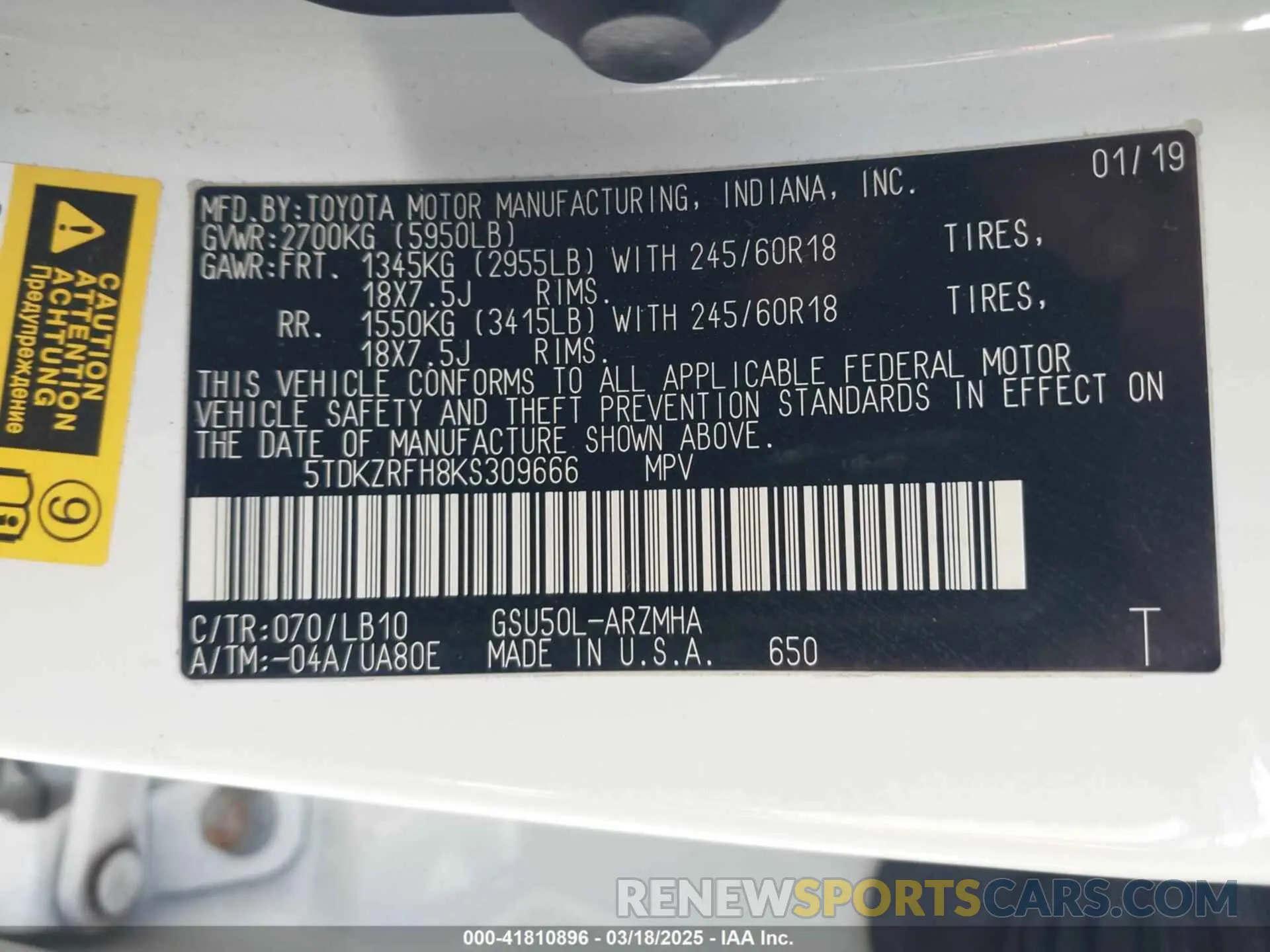 9 Photograph of a damaged car 5TDKZRFH8KS309666 TOYOTA HIGHLANDER 2019