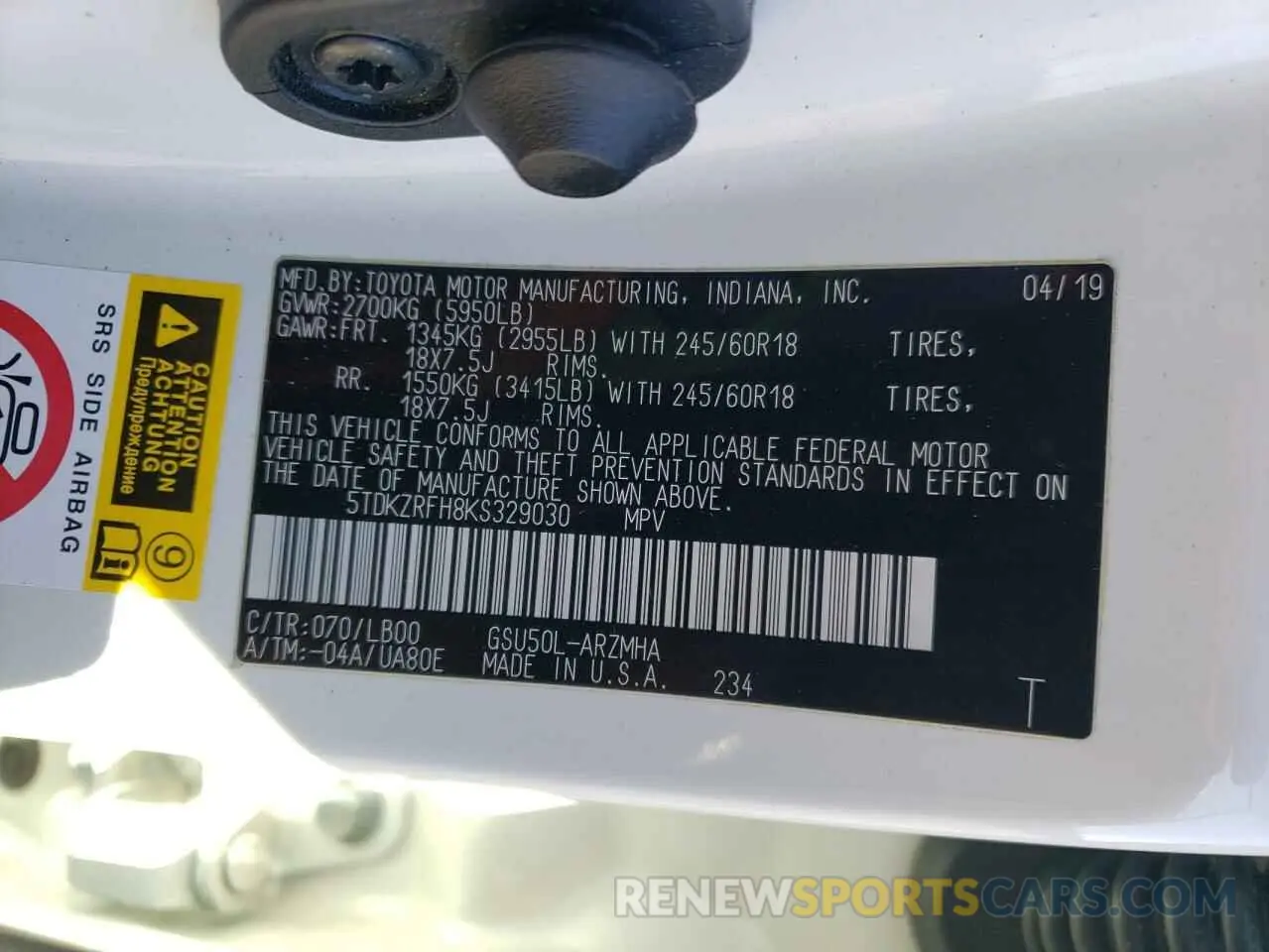 12 Фотография поврежденного автомобиля 5TDKZRFH8KS329030 TOYOTA HIGHLANDER 2019