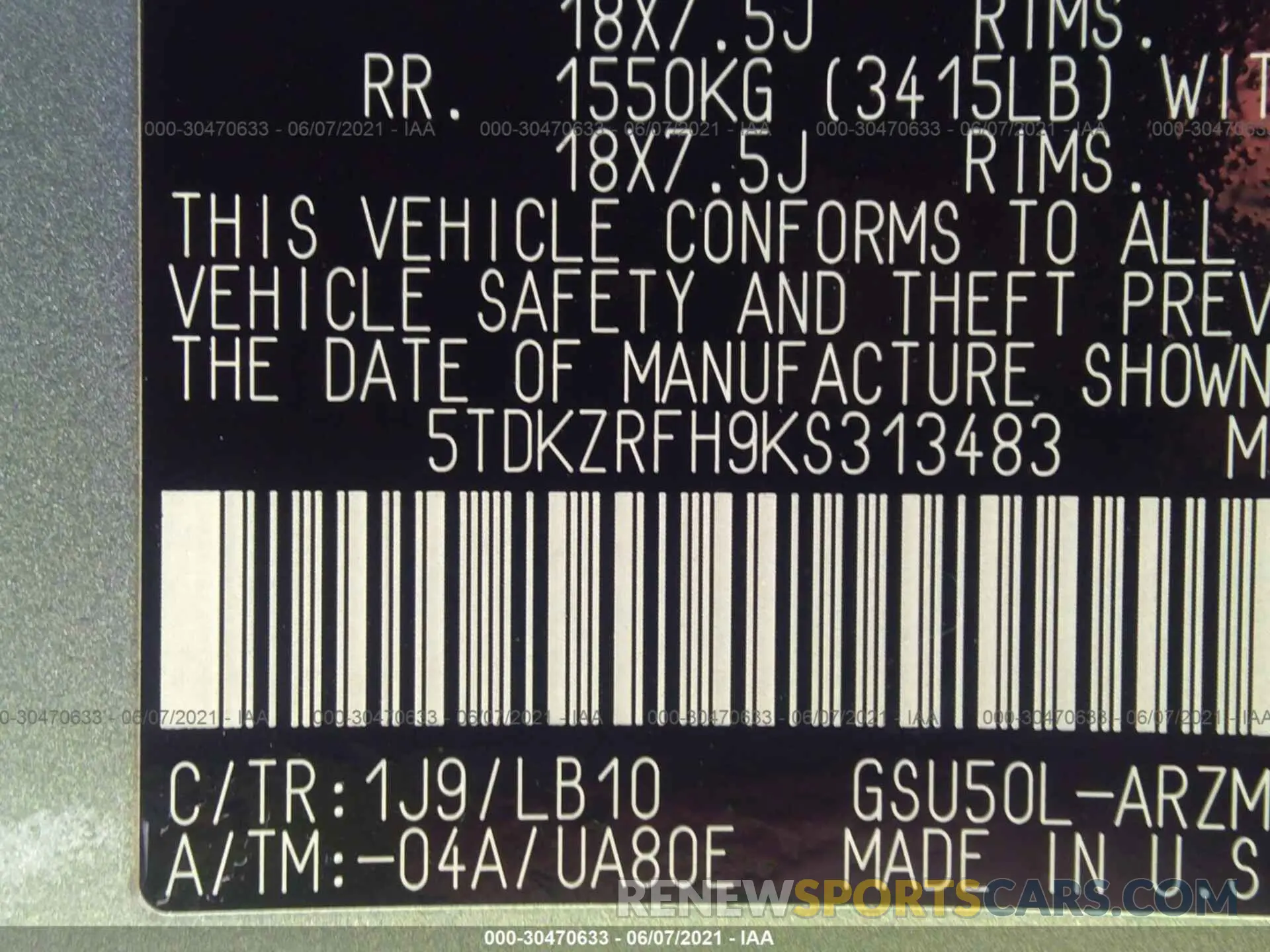 9 Photograph of a damaged car 5TDKZRFH9KS313483 TOYOTA HIGHLANDER 2019