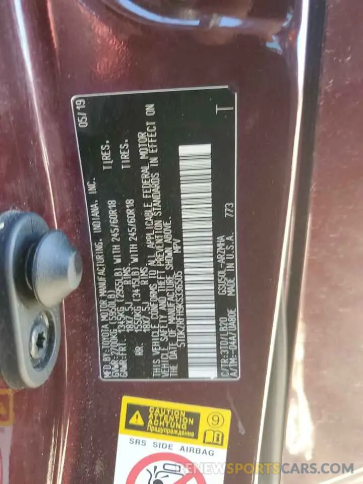 13 Photograph of a damaged car 5TDKZRFH9KS336505 TOYOTA HIGHLANDER 2019