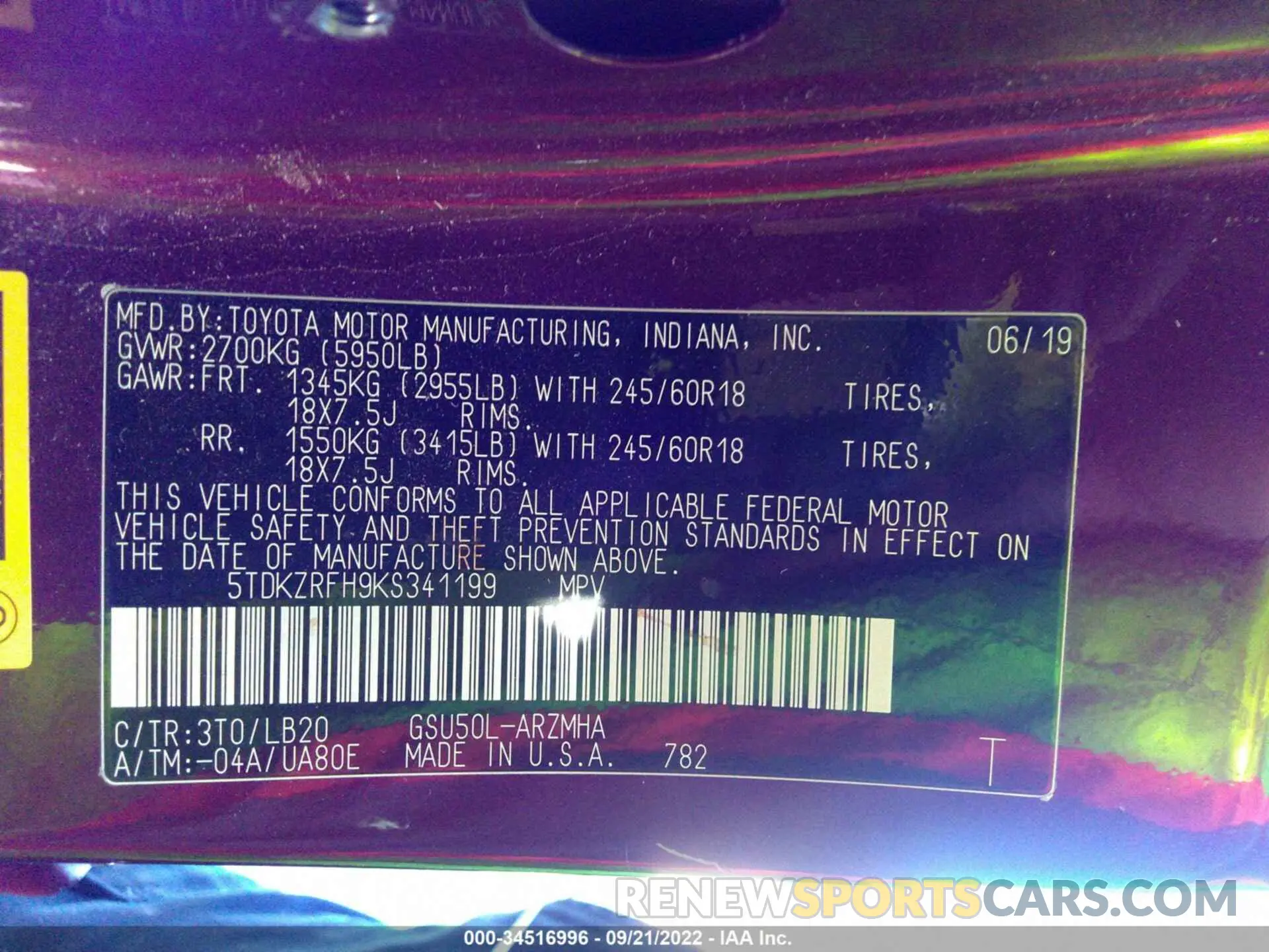 9 Photograph of a damaged car 5TDKZRFH9KS341199 TOYOTA HIGHLANDER 2019