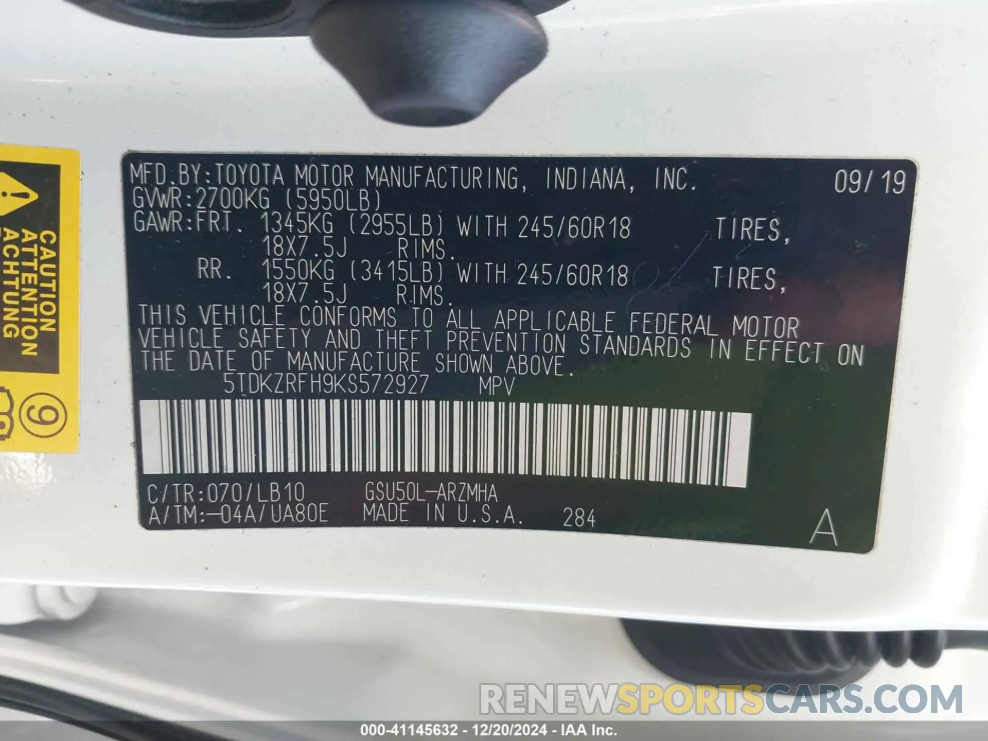 9 Фотография поврежденного автомобиля 5TDKZRFH9KS572927 TOYOTA HIGHLANDER 2019