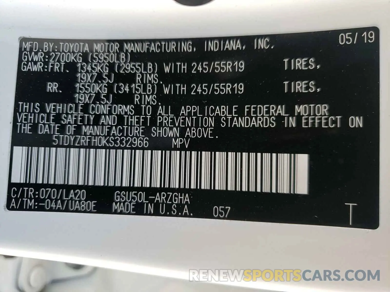 10 Photograph of a damaged car 5TDYZRFH0KS332966 TOYOTA HIGHLANDER 2019