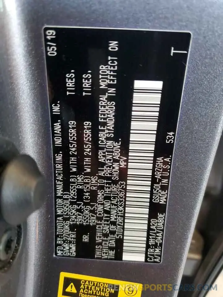 10 Фотография поврежденного автомобиля 5TDYZRFH3KS336753 TOYOTA HIGHLANDER 2019