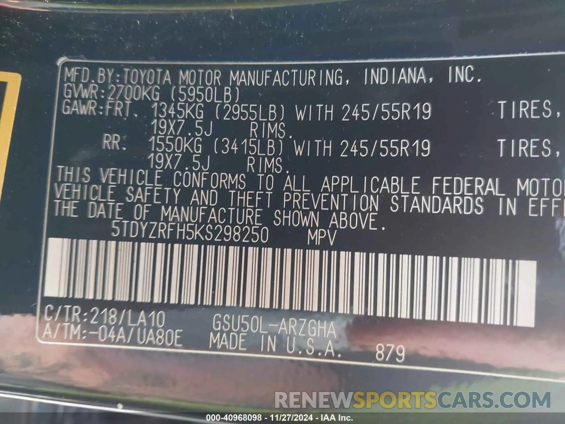 9 Photograph of a damaged car 5TDYZRFH5KS298250 TOYOTA HIGHLANDER 2019