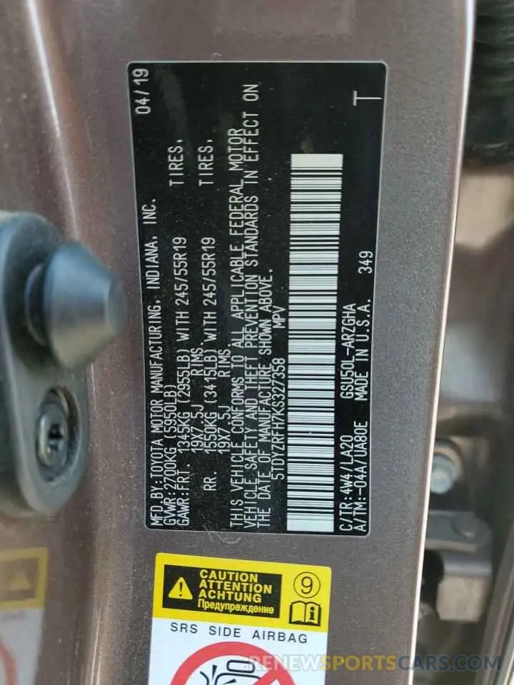 14 Фотография поврежденного автомобиля 5TDYZRFH7KS327358 TOYOTA HIGHLANDER 2019