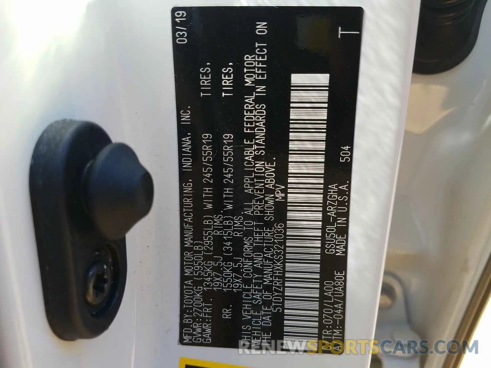 10 Photograph of a damaged car 5TDYZRFHXKS321036 TOYOTA HIGHLANDER 2019