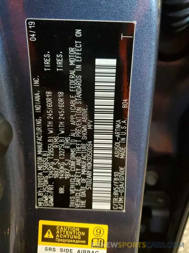 13 Photograph of a damaged car 5TDZARFH0KS050094 TOYOTA HIGHLANDER 2019