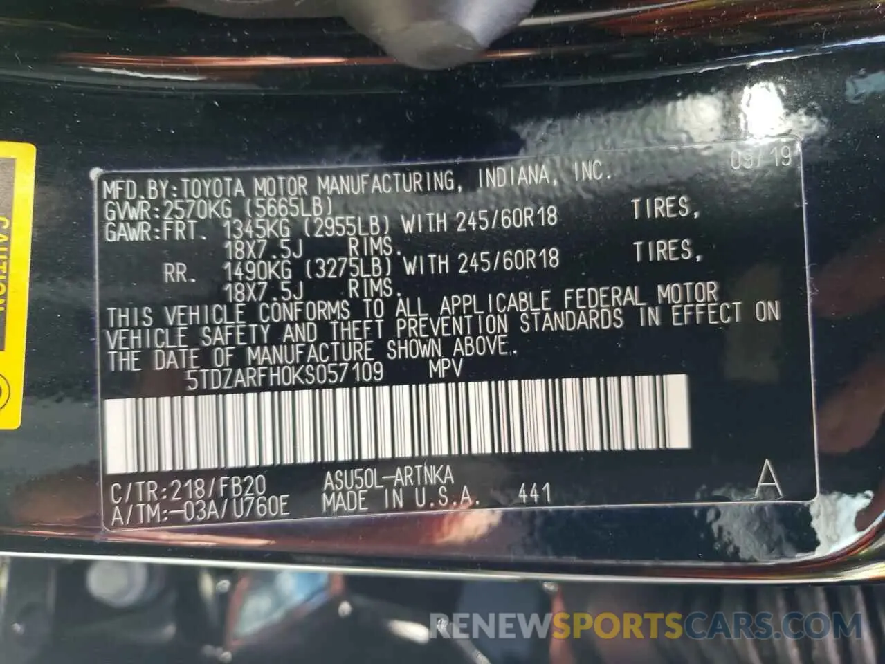 10 Photograph of a damaged car 5TDZARFH0KS057109 TOYOTA HIGHLANDER 2019