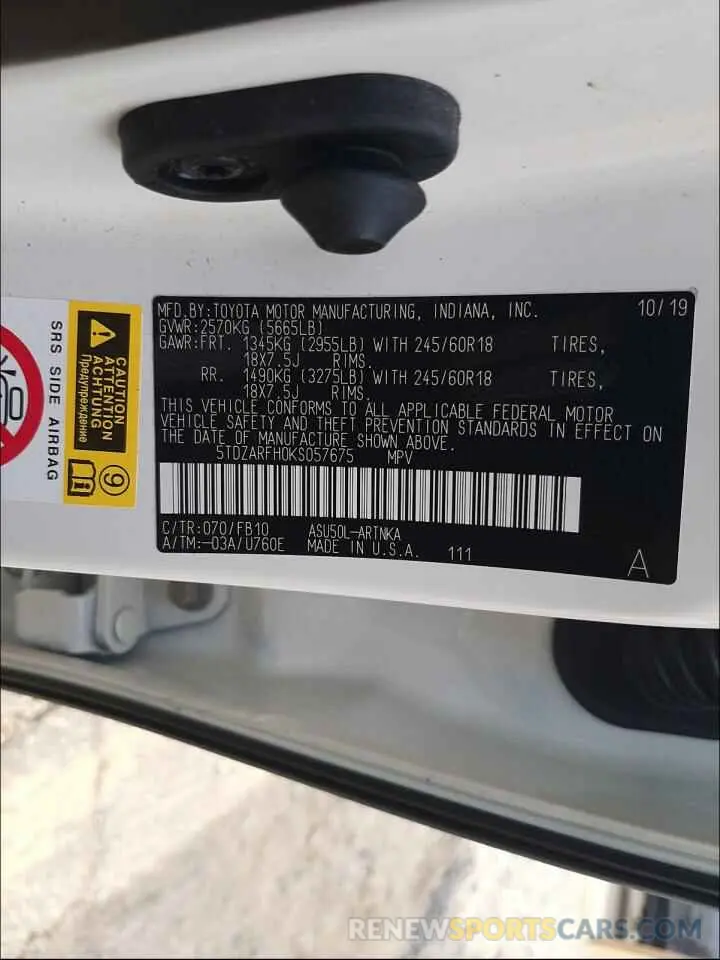 10 Photograph of a damaged car 5TDZARFH0KS057675 TOYOTA HIGHLANDER 2019
