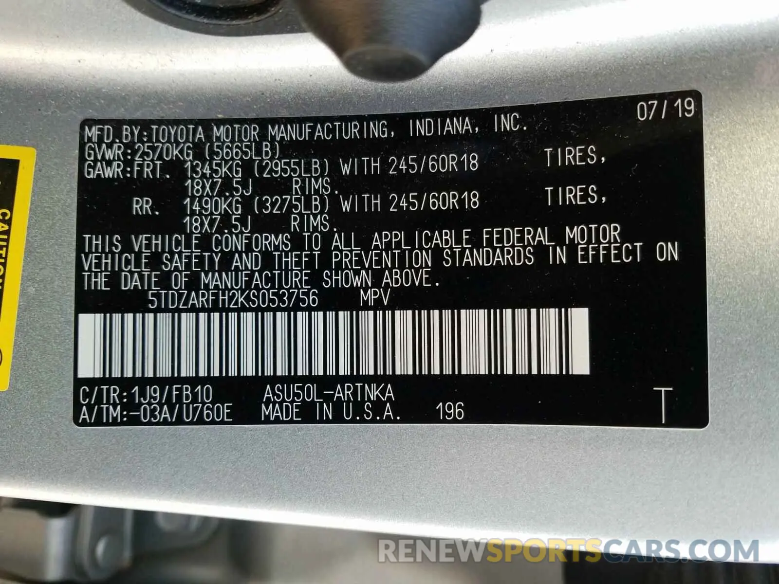 10 Photograph of a damaged car 5TDZARFH2KS053756 TOYOTA HIGHLANDER 2019