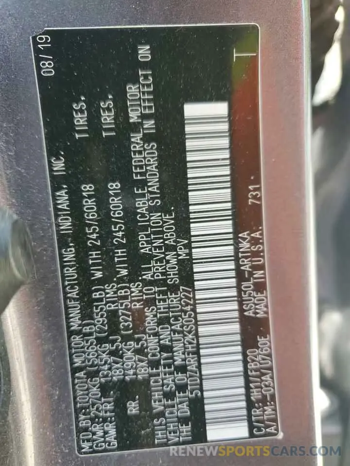 16 Photograph of a damaged car 5TDZARFH2KS054227 TOYOTA HIGHLANDER 2019
