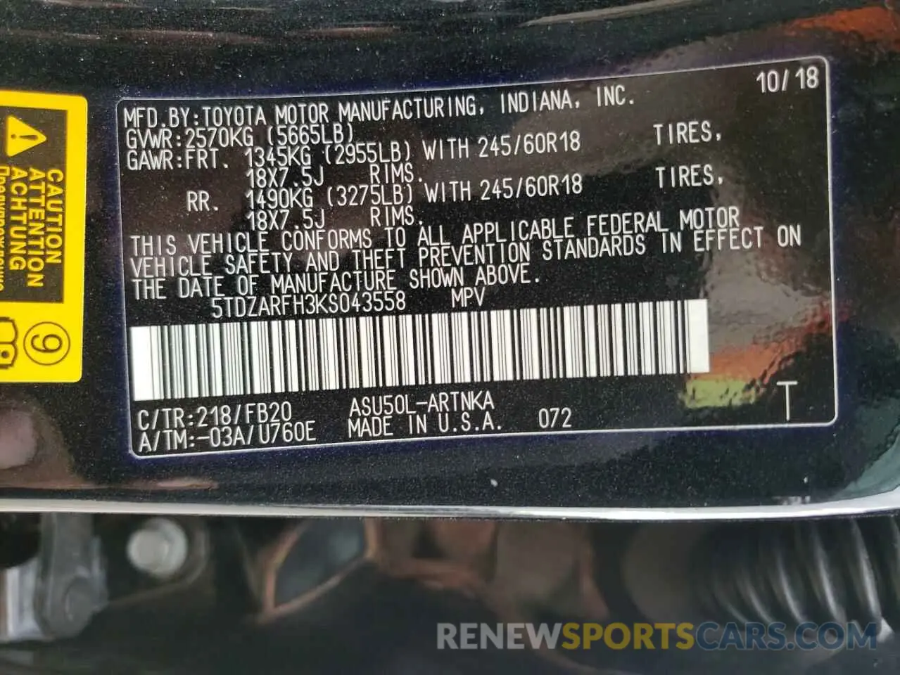 10 Фотография поврежденного автомобиля 5TDZARFH3KS043558 TOYOTA HIGHLANDER 2019