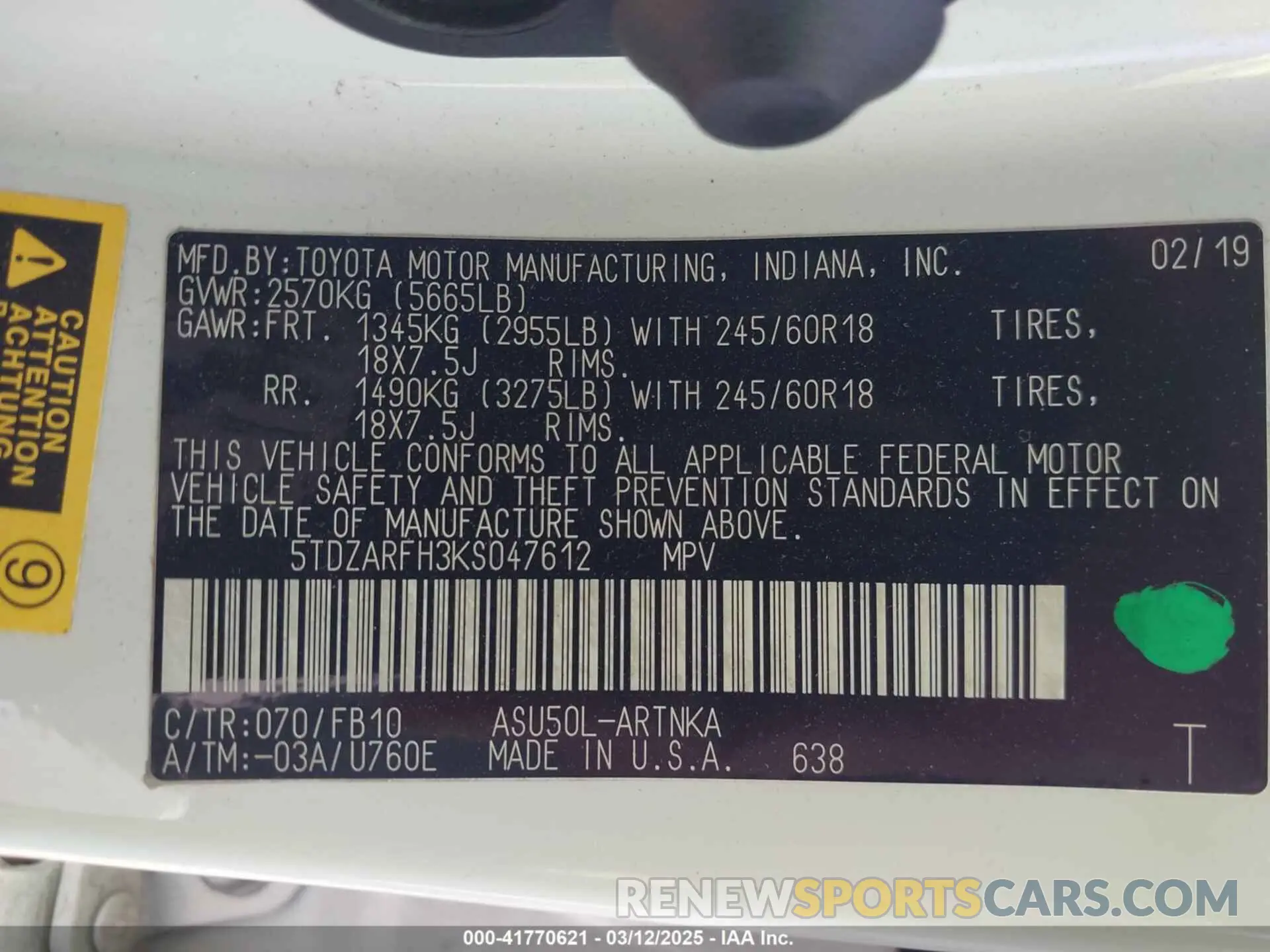9 Фотография поврежденного автомобиля 5TDZARFH3KS047612 TOYOTA HIGHLANDER 2019