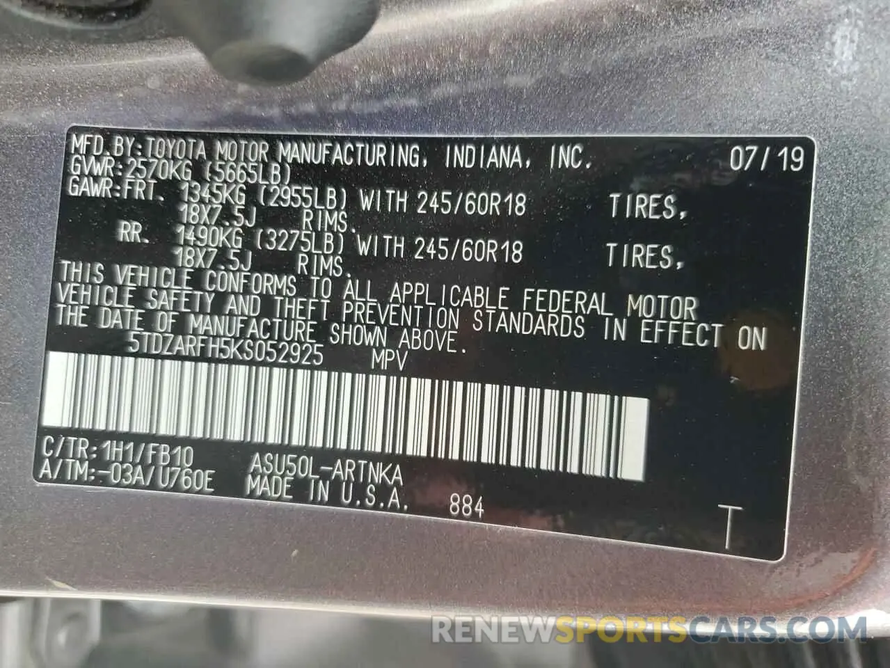 13 Photograph of a damaged car 5TDZARFH5KS052925 TOYOTA HIGHLANDER 2019