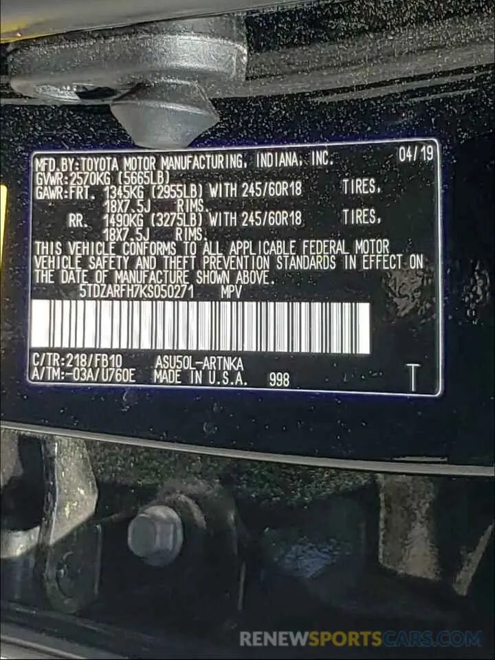 10 Photograph of a damaged car 5TDZARFH7KS050271 TOYOTA HIGHLANDER 2019