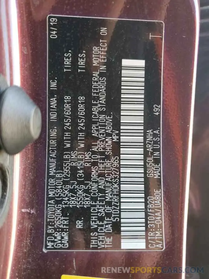 15 Фотография поврежденного автомобиля 5TDZZRFH0KS327965 TOYOTA HIGHLANDER 2019