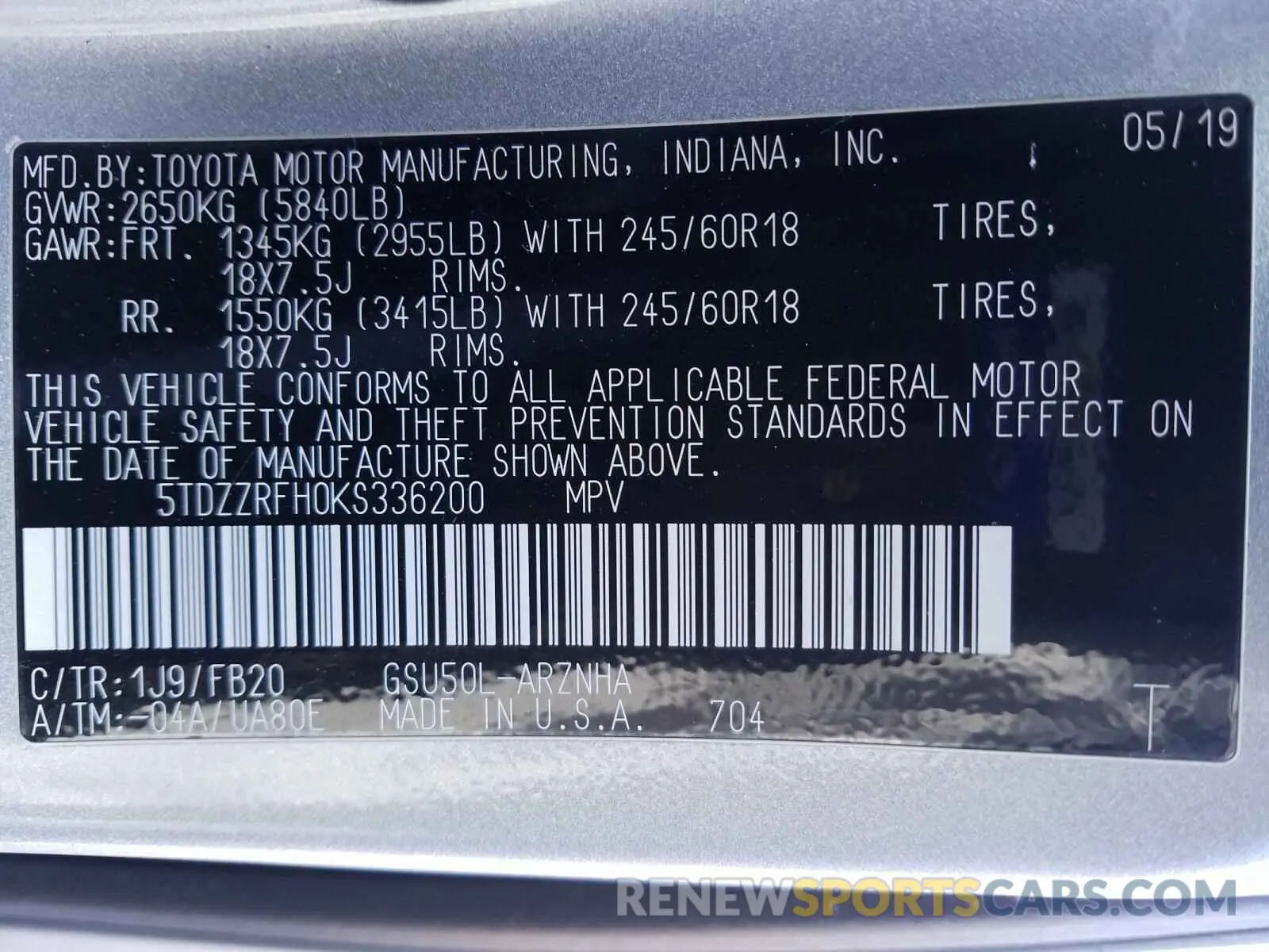 10 Photograph of a damaged car 5TDZZRFH0KS336200 TOYOTA HIGHLANDER 2019