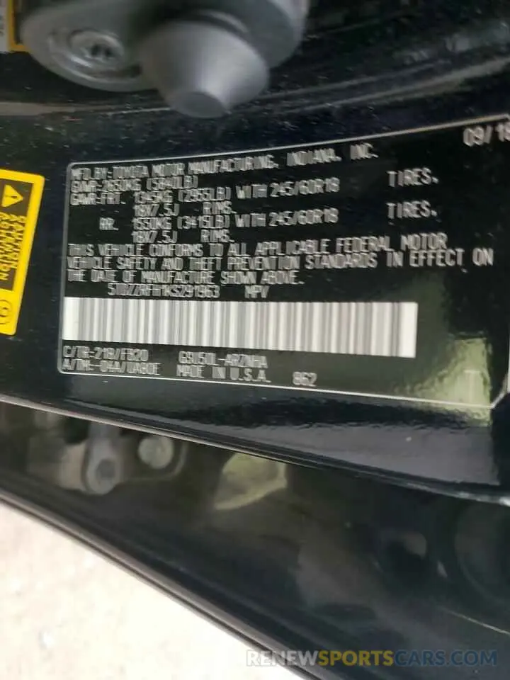 12 Photograph of a damaged car 5TDZZRFH1KS291963 TOYOTA HIGHLANDER 2019