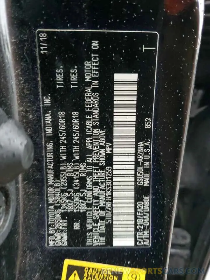 13 Photograph of a damaged car 5TDZZRFH1KS301259 TOYOTA HIGHLANDER 2019