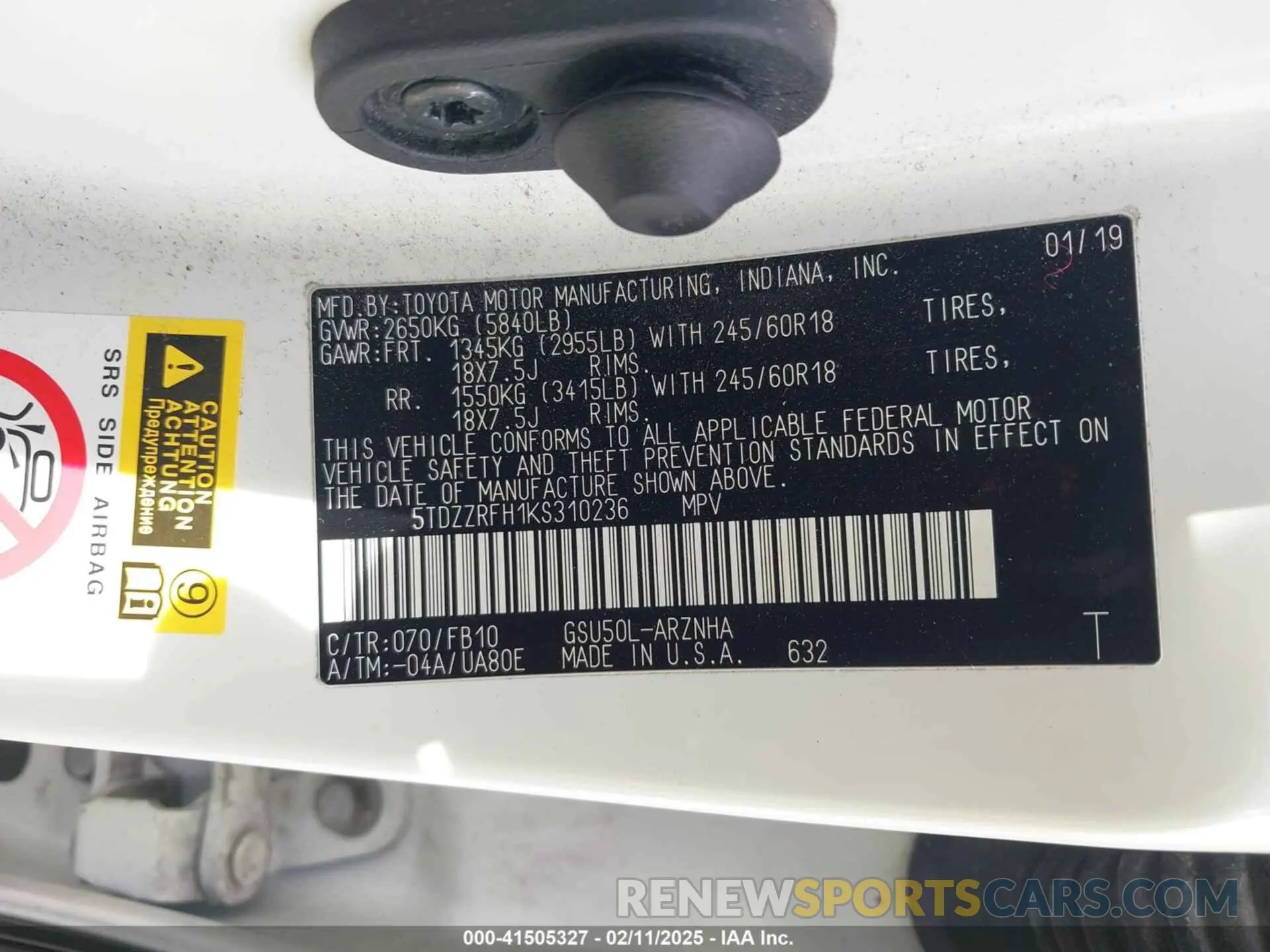 9 Photograph of a damaged car 5TDZZRFH1KS310236 TOYOTA HIGHLANDER 2019