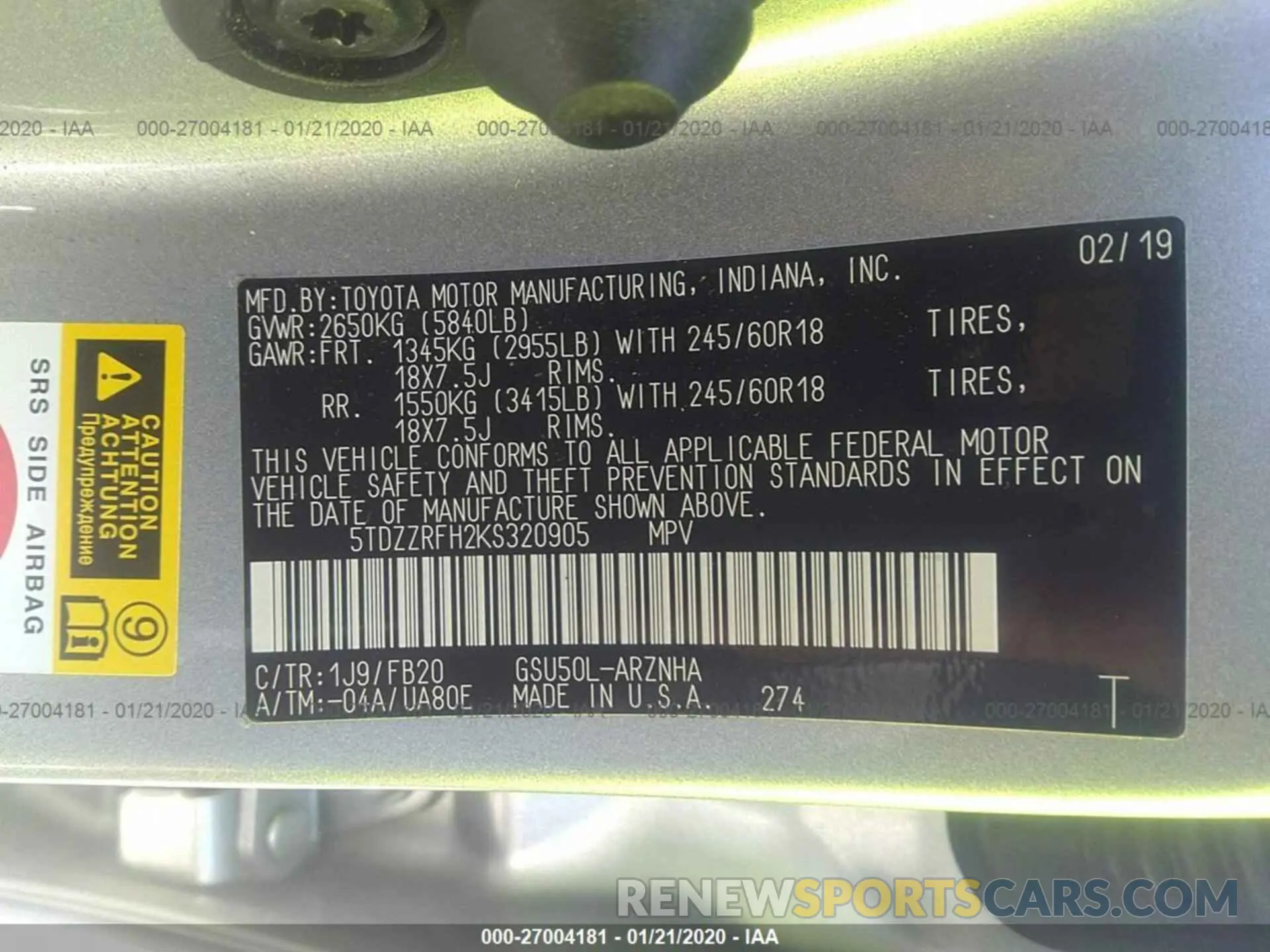 9 Photograph of a damaged car 5TDZZRFH2KS320905 TOYOTA HIGHLANDER 2019