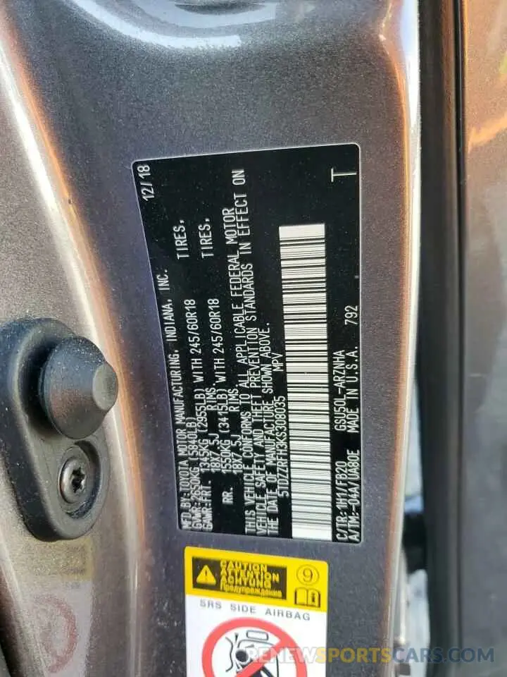 13 Фотография поврежденного автомобиля 5TDZZRFH3KS308035 TOYOTA HIGHLANDER 2019