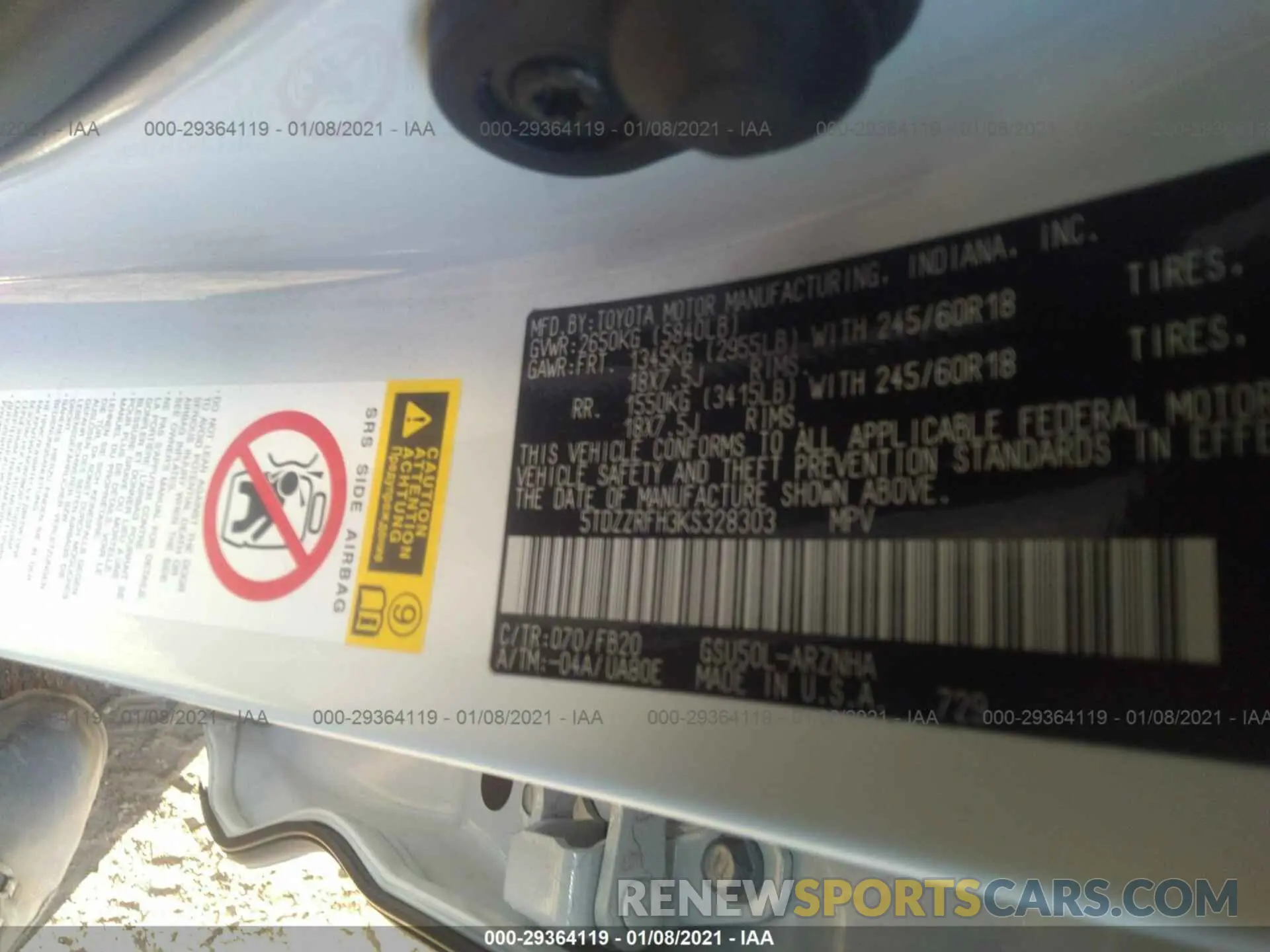 9 Photograph of a damaged car 5TDZZRFH3KS328303 TOYOTA HIGHLANDER 2019