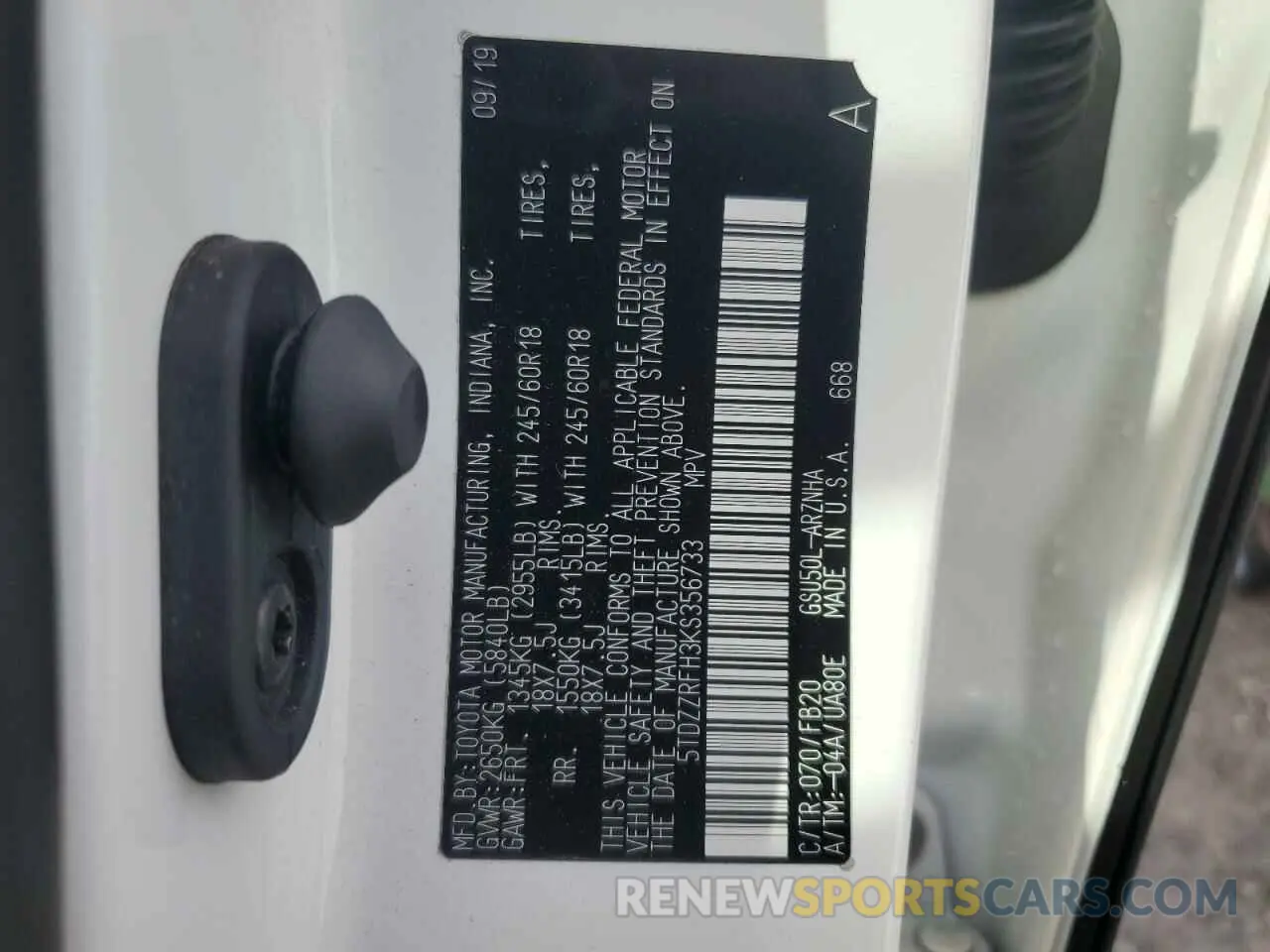14 Photograph of a damaged car 5TDZZRFH3KS356733 TOYOTA HIGHLANDER 2019