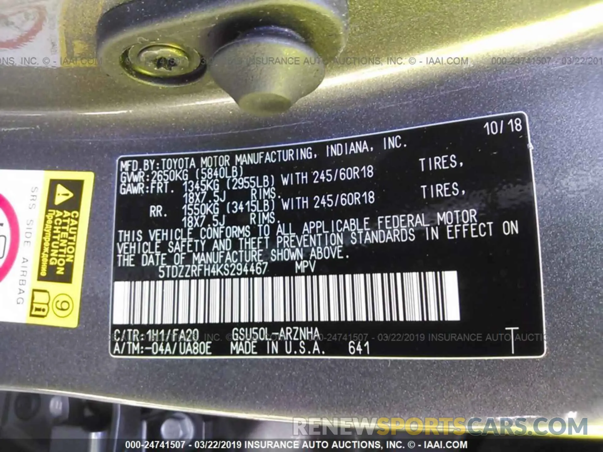 9 Photograph of a damaged car 5TDZZRFH4KS294467 TOYOTA HIGHLANDER 2019