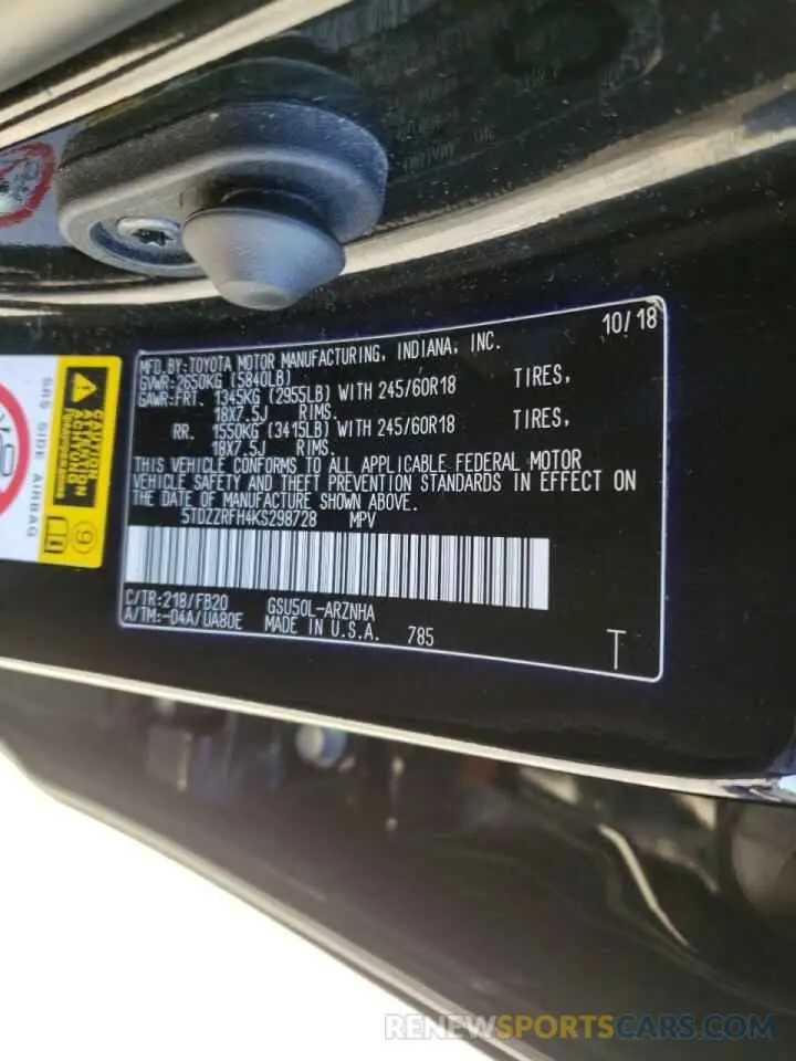 10 Photograph of a damaged car 5TDZZRFH4KS298728 TOYOTA HIGHLANDER 2019