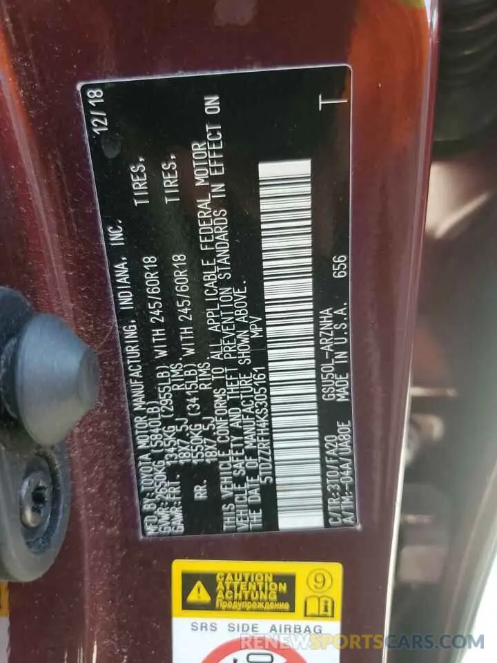 13 Photograph of a damaged car 5TDZZRFH4KS305161 TOYOTA HIGHLANDER 2019