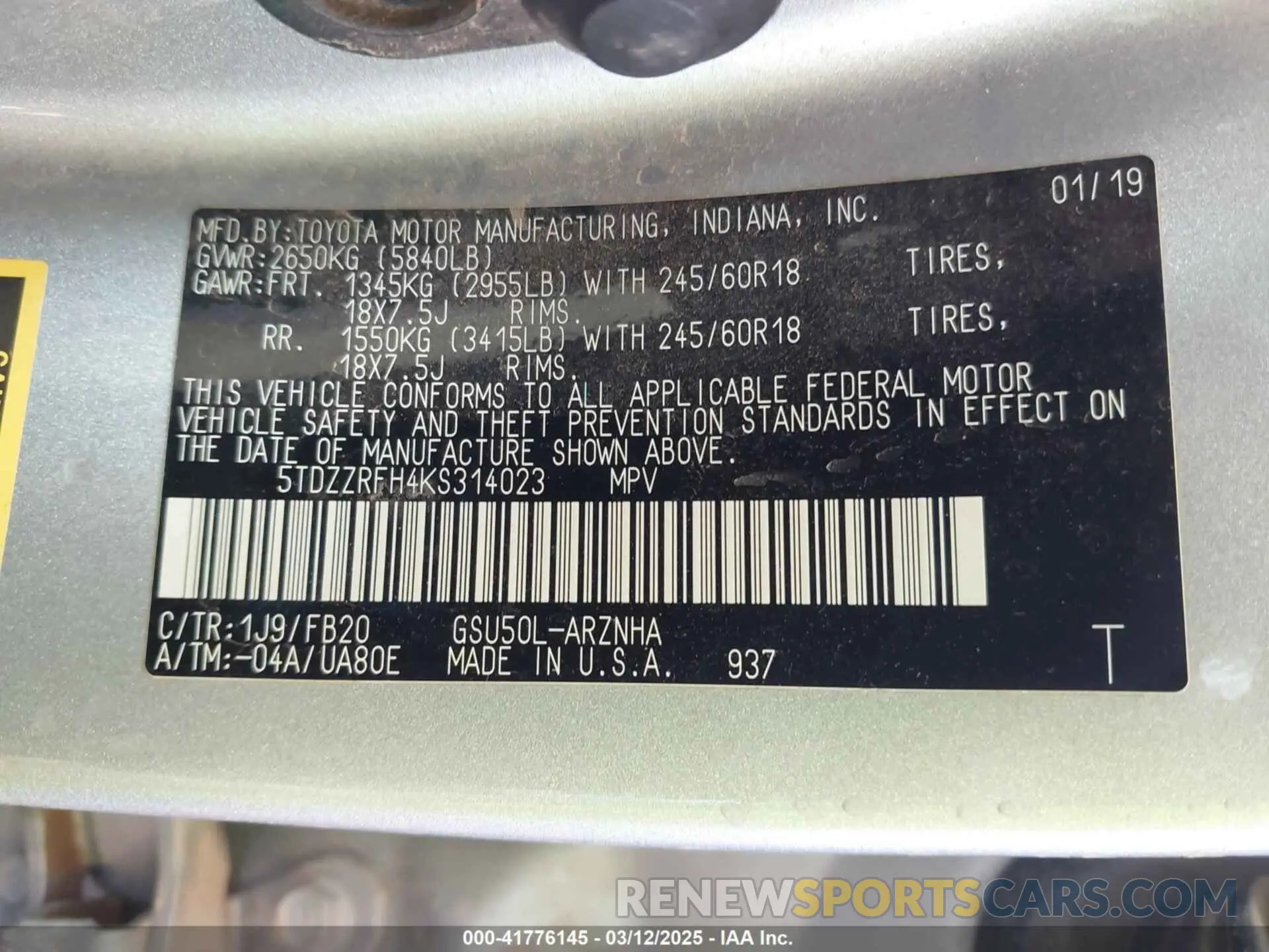 9 Photograph of a damaged car 5TDZZRFH4KS314023 TOYOTA HIGHLANDER 2019