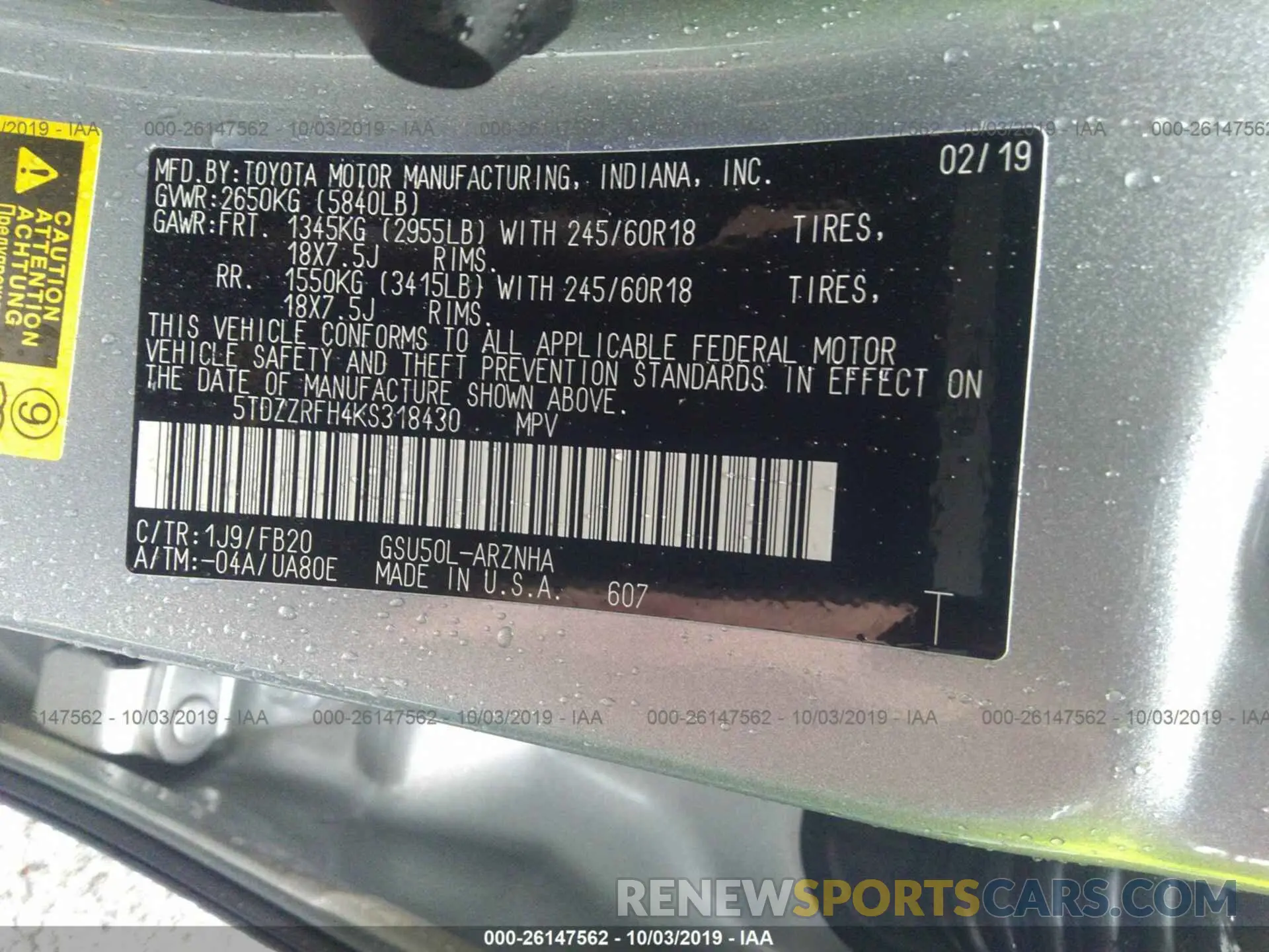 9 Photograph of a damaged car 5TDZZRFH4KS318430 TOYOTA HIGHLANDER 2019