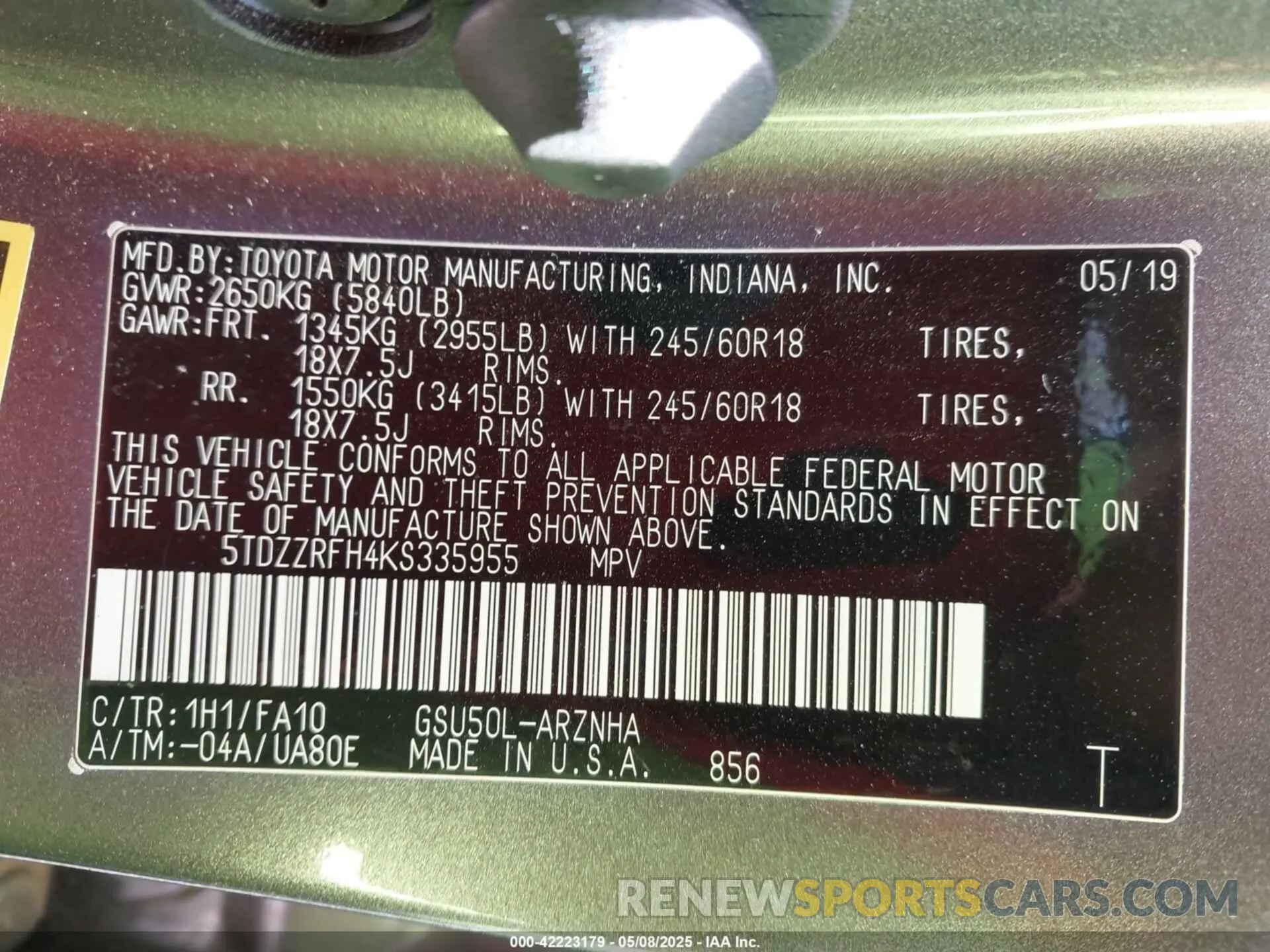 9 Фотография поврежденного автомобиля 5TDZZRFH4KS335955 TOYOTA HIGHLANDER 2019
