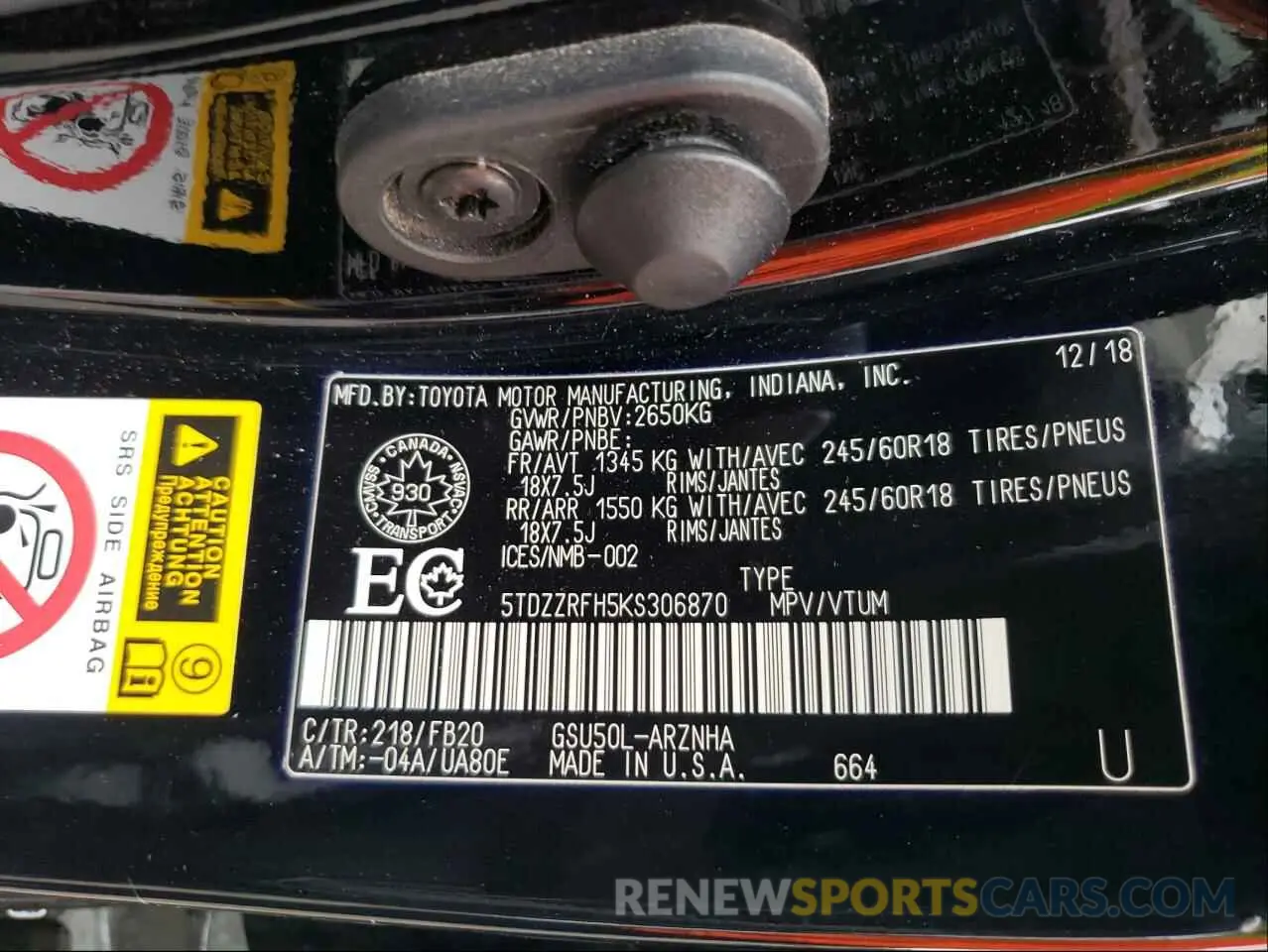 10 Photograph of a damaged car 5TDZZRFH5KS306870 TOYOTA HIGHLANDER 2019