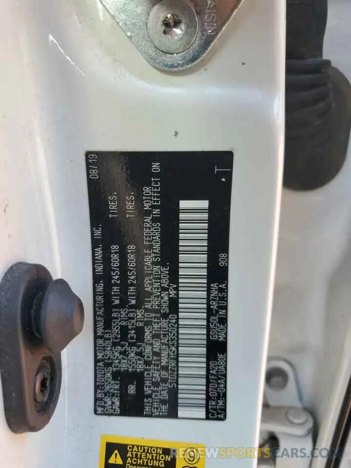 14 Фотография поврежденного автомобиля 5TDZZRFH5KS350240 TOYOTA HIGHLANDER 2019