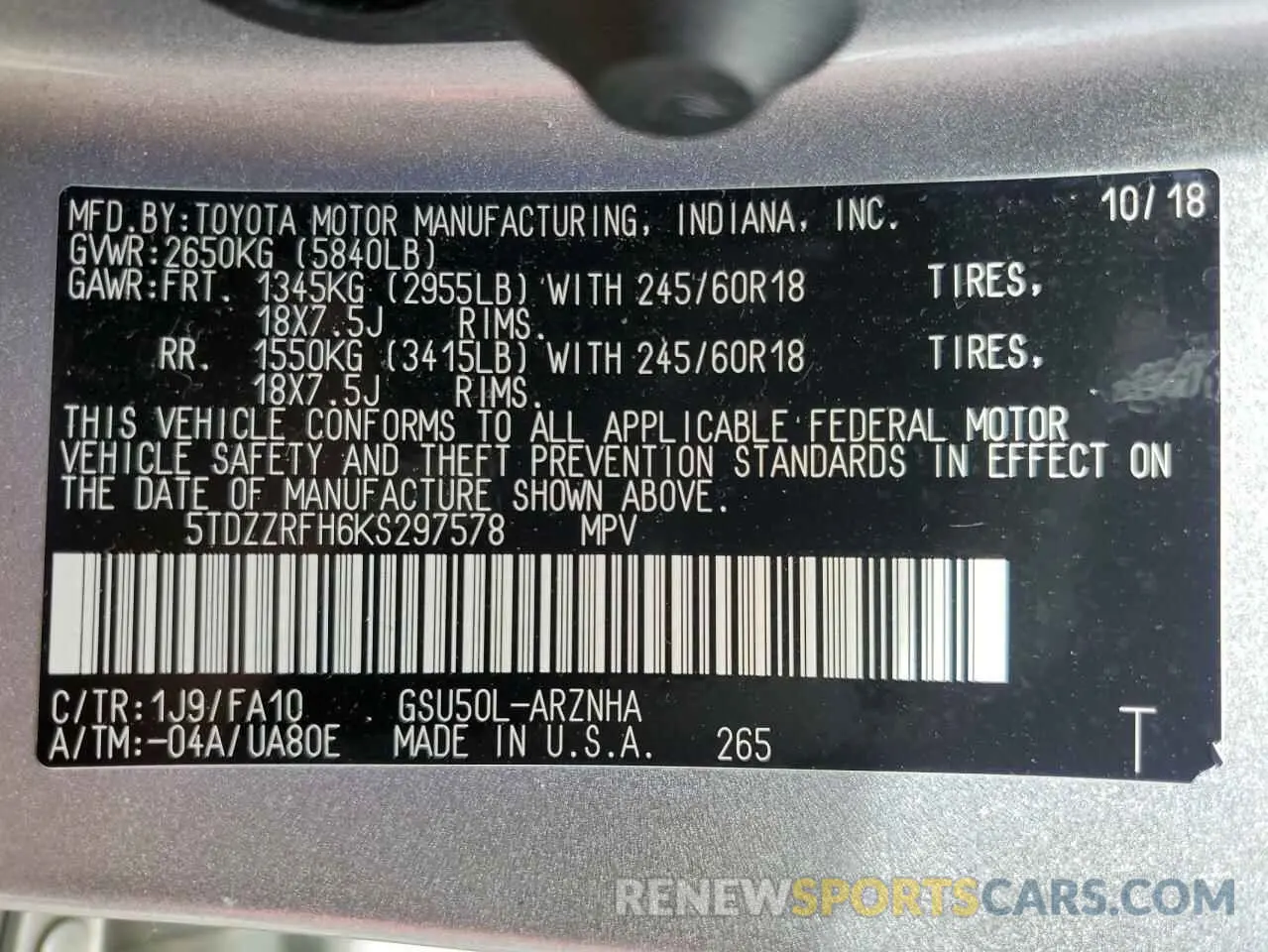 13 Photograph of a damaged car 5TDZZRFH6KS297578 TOYOTA HIGHLANDER 2019