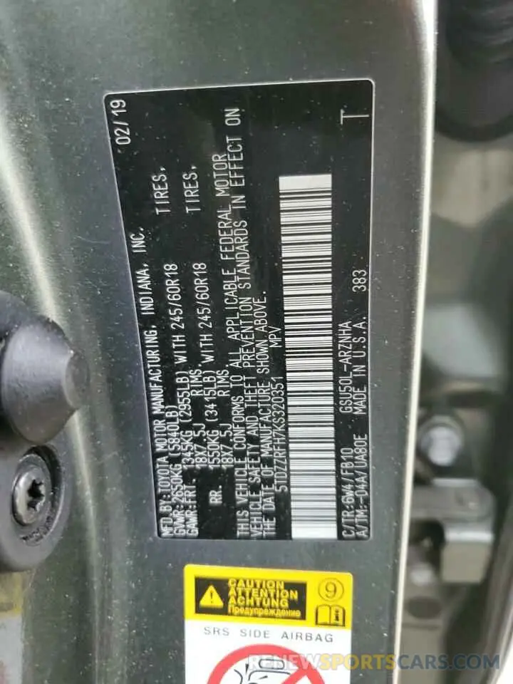 14 Photograph of a damaged car 5TDZZRFH7KS320351 TOYOTA HIGHLANDER 2019