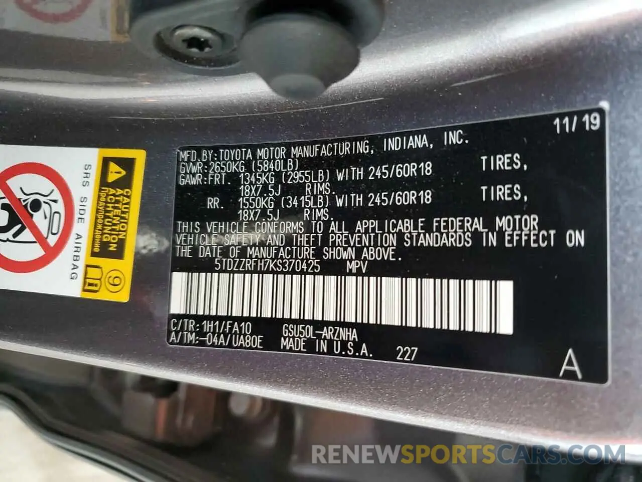 13 Photograph of a damaged car 5TDZZRFH7KS370425 TOYOTA HIGHLANDER 2019