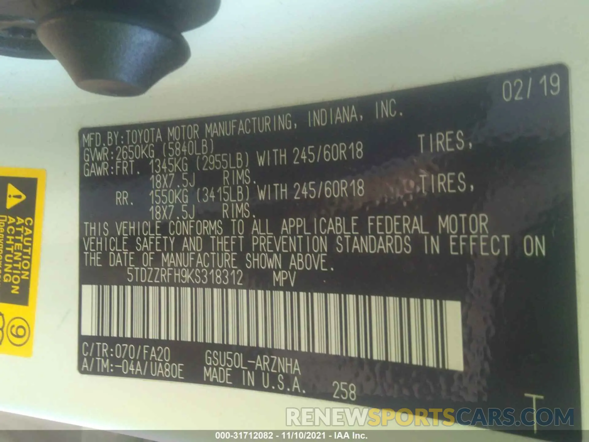 9 Фотография поврежденного автомобиля 5TDZZRFH9KS318312 TOYOTA HIGHLANDER 2019