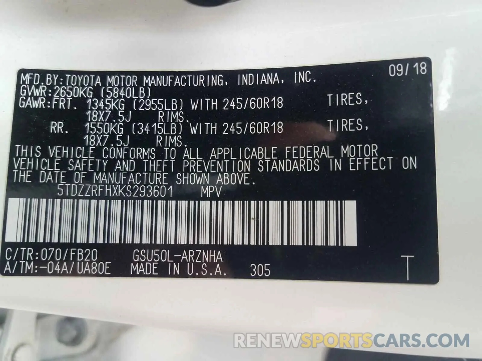 10 Photograph of a damaged car 5TDZZRFHXKS293601 TOYOTA HIGHLANDER 2019