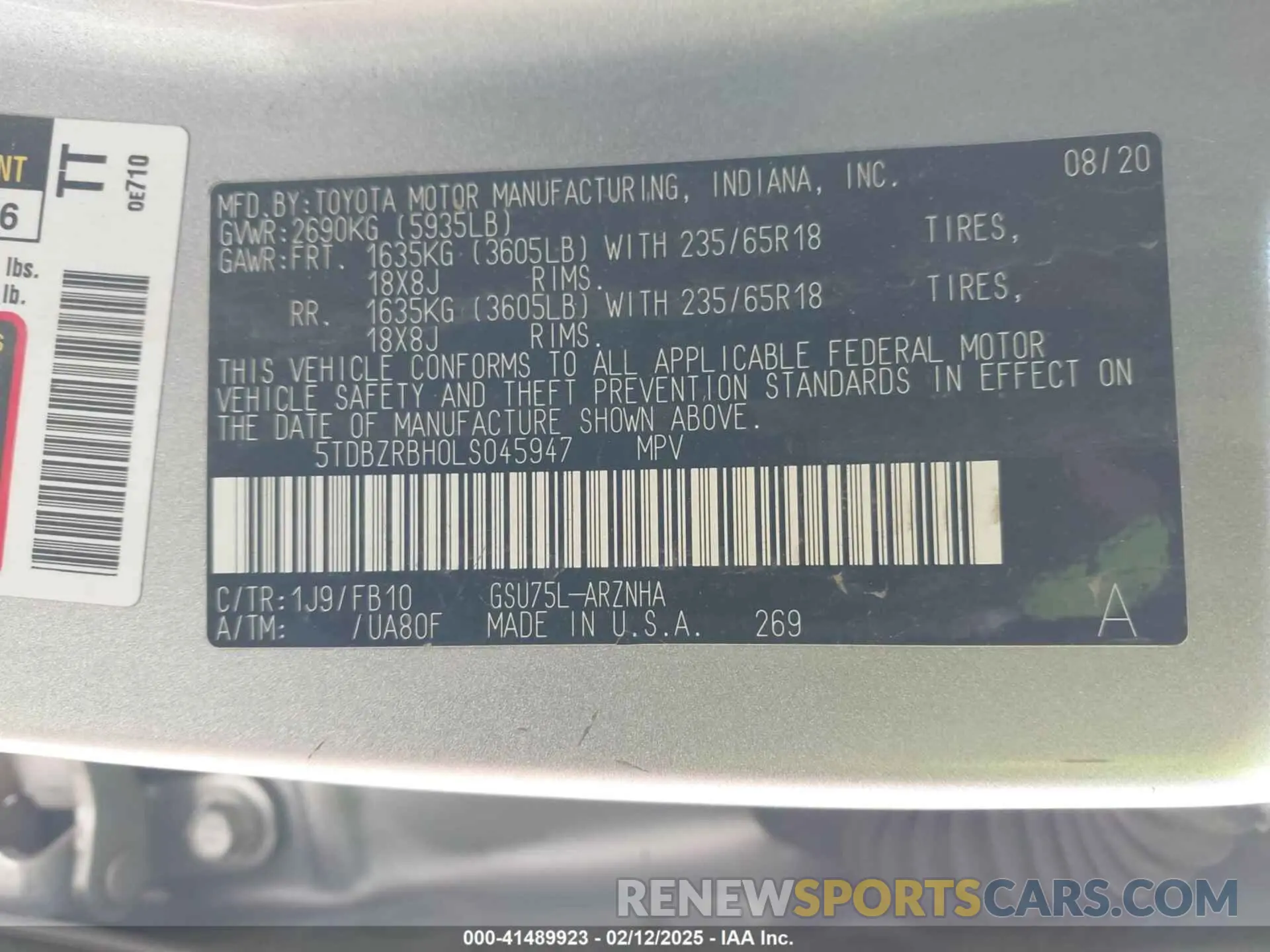 9 Фотография поврежденного автомобиля 5TDBZRBH0LS045947 TOYOTA HIGHLANDER 2020