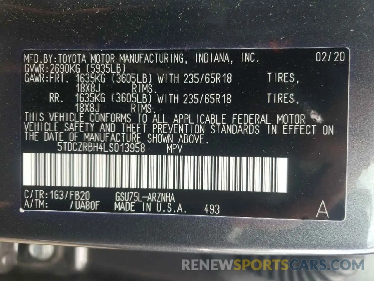 10 Photograph of a damaged car 5TDCZRBH4LS013958 TOYOTA HIGHLANDER 2020