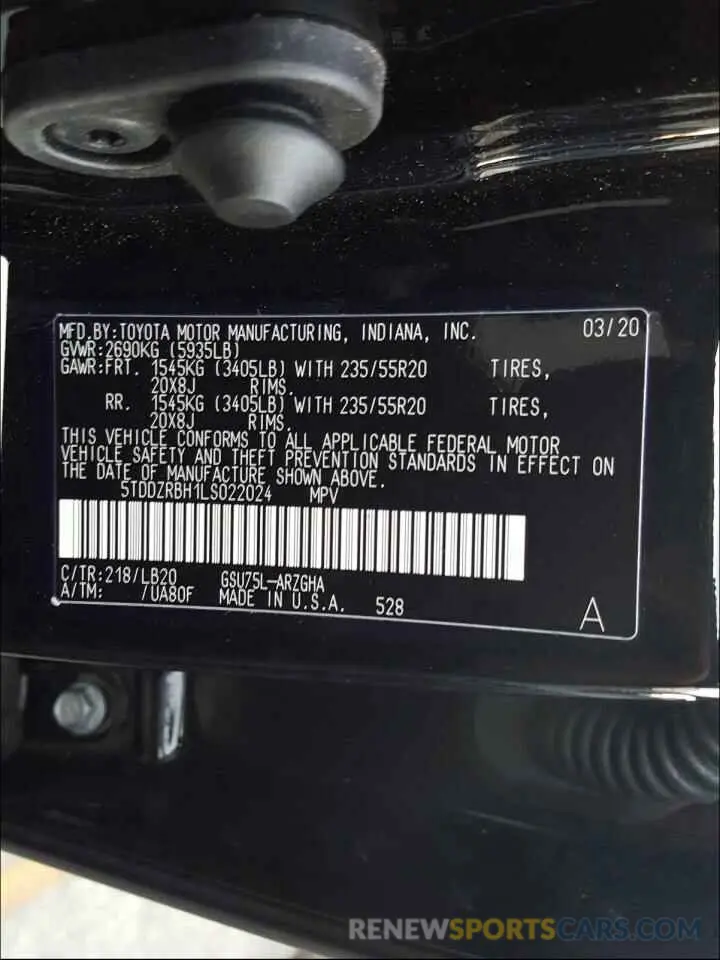 10 Photograph of a damaged car 5TDDZRBH1LS022024 TOYOTA HIGHLANDER 2020