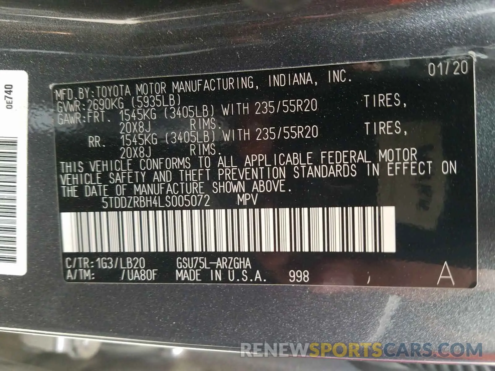 10 Photograph of a damaged car 5TDDZRBH4LS005072 TOYOTA HIGHLANDER 2020