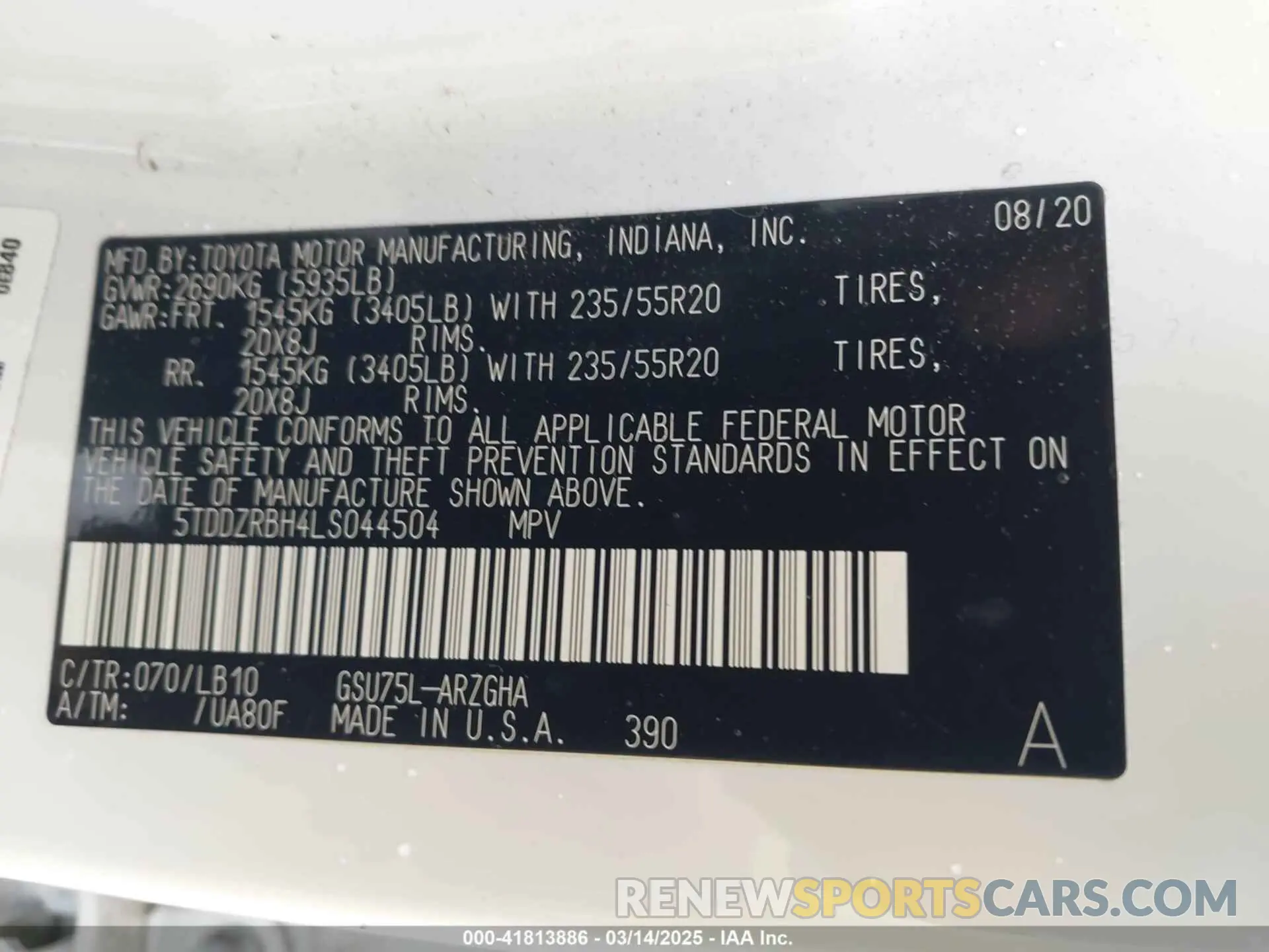 9 Photograph of a damaged car 5TDDZRBH4LS044504 TOYOTA HIGHLANDER 2020