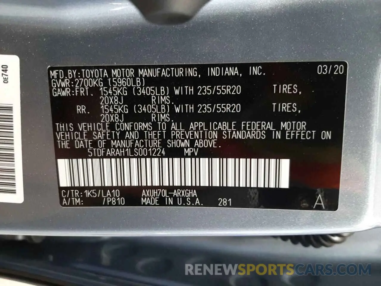 10 Photograph of a damaged car 5TDFARAH1LS001224 TOYOTA HIGHLANDER 2020